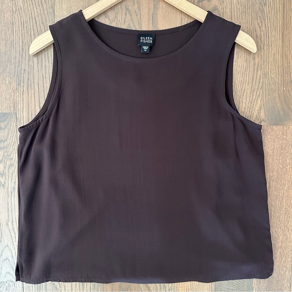 Eileen Fisher Crew Neck Sleeveless Silk Top with Fitted Tank Chocolate Brown M
